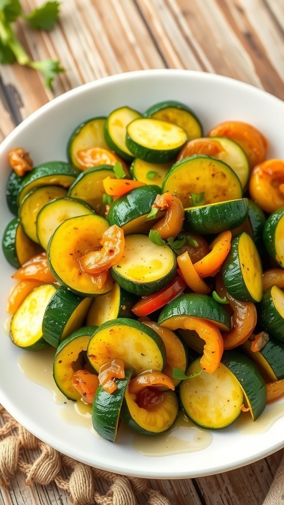 Sautéed zucchini and onions on a plate, garnished with herbs, on a rustic wooden table.